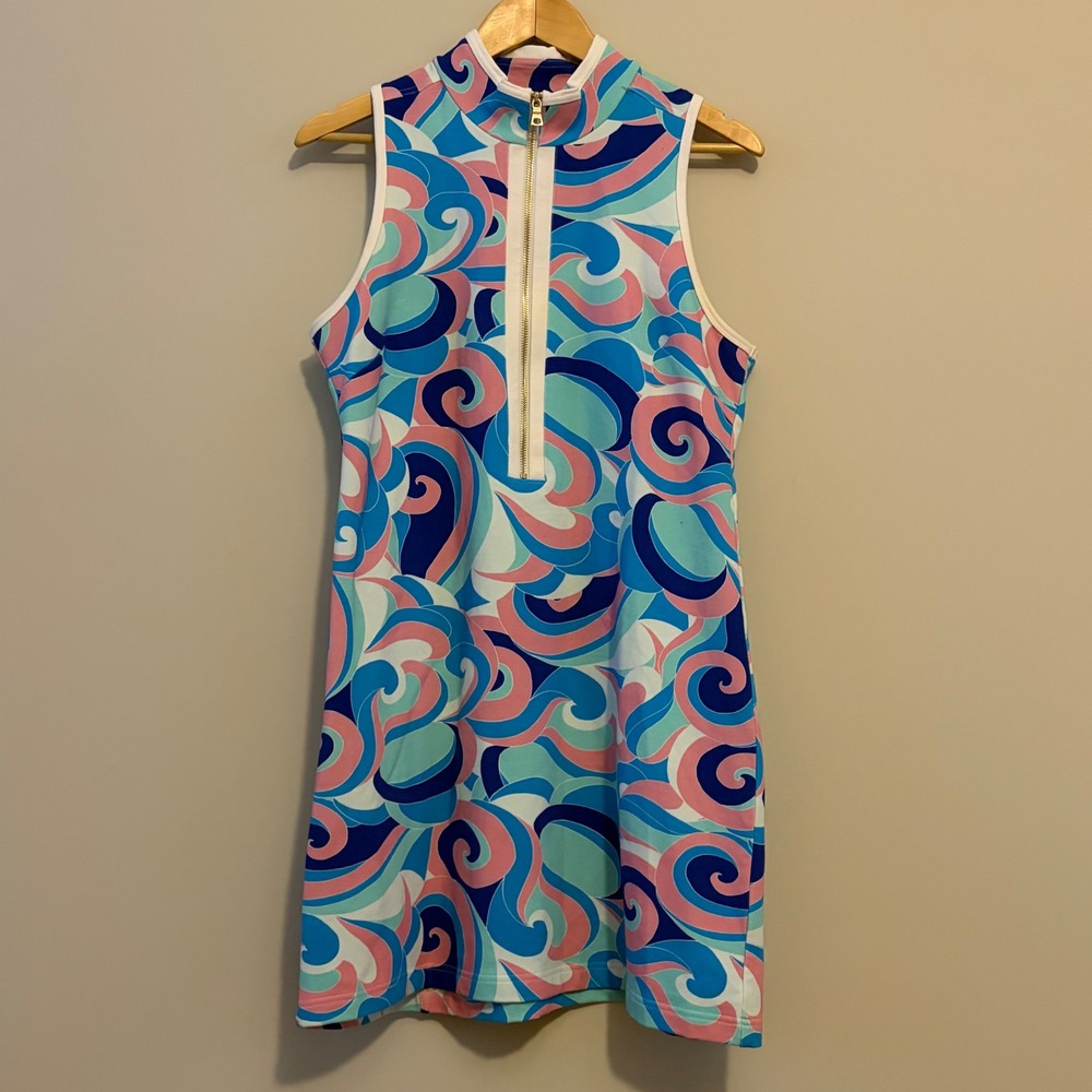 Boston Proper Womens Large Blue Pink Swirl Print Mock Neck Half Zip Shift Dress - Picture 1 of 6